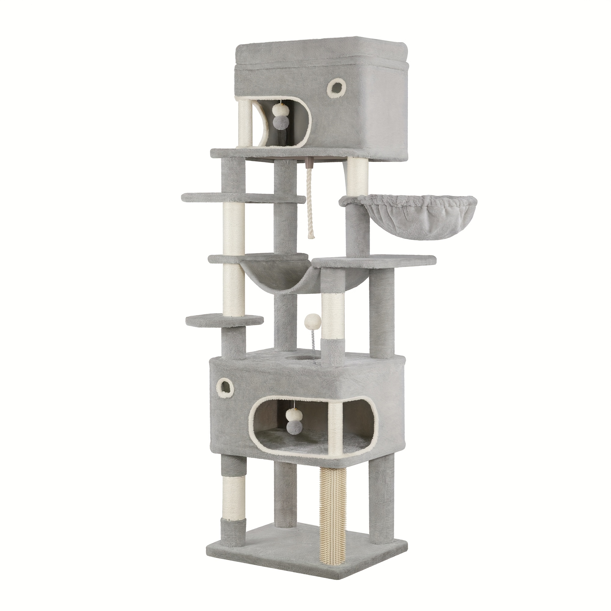 178 Cm Tall Cat Tree Featuring A Scratching Post, Spacious Platform, 2 Caves, Scratching Posts, Pom-poms, Loungers, And A Hammock, Ideal For All Cat Breeds, In Grey Color