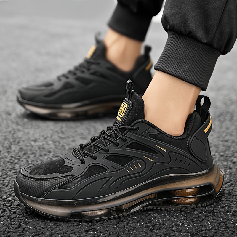 Men's Breathable High-Elasticity Shock-Absorbing Casual Sneakers - Lightweight Low-Top Outdoor Running Shoes with Cushioned EVA Sole, Durable PU Upper & Fabric Lining for Hiking, Daily Wear (Black/Golden Accents)