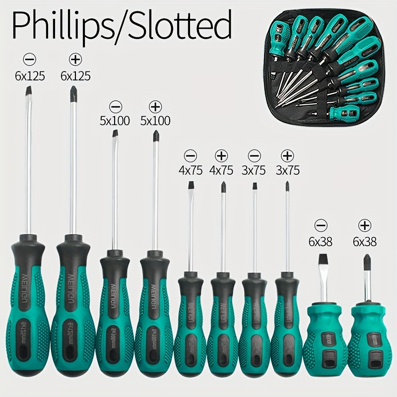 TEMU 10pcs Magnetic Screwdriver Set With Phillips And Flat Heads, Common Sizes Included, Extra Strong, , Comfortable Grip, Multi-functional Phillips