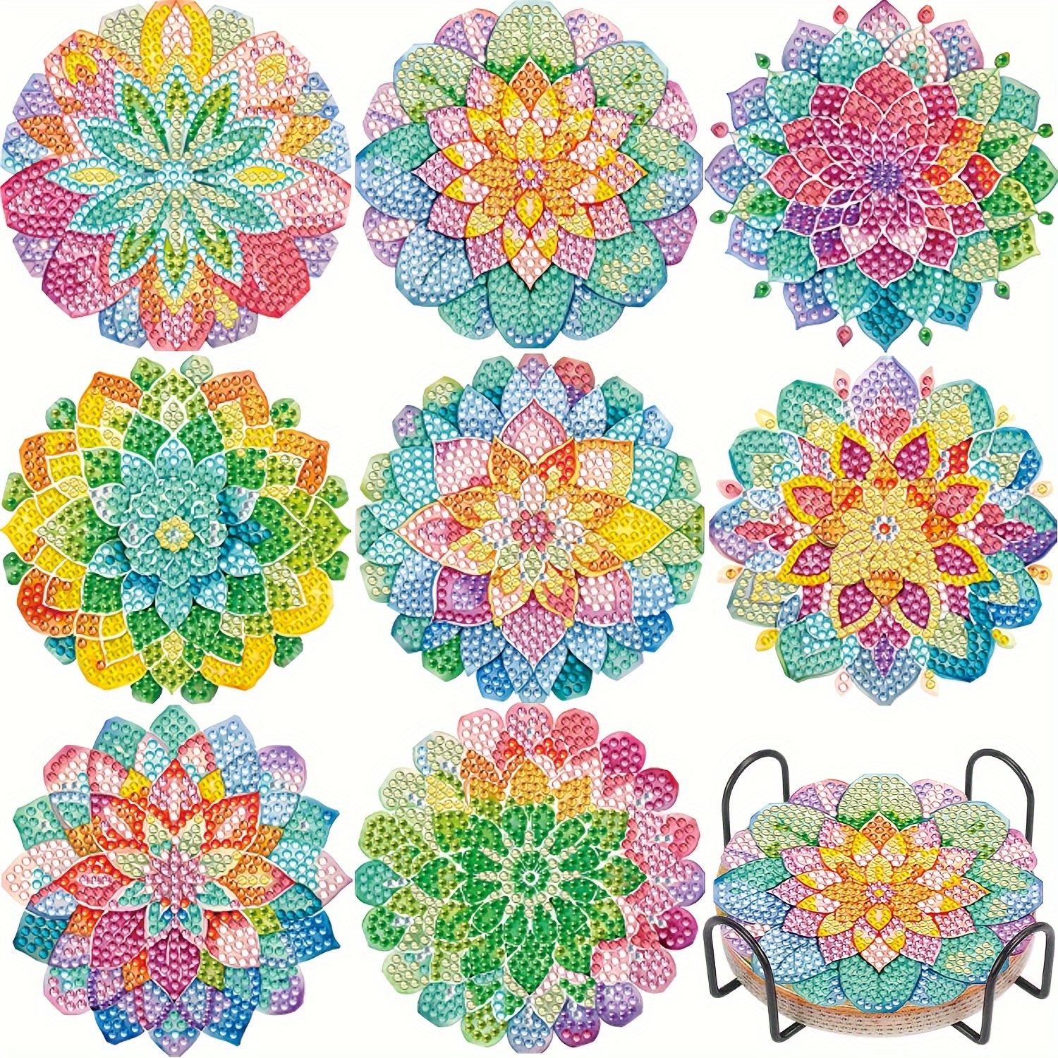 8pcs Diamond Painting Coaster Kit With Bracket, Diy Teacup Coaster Coaster Kit, Adult Full Diamond Diamond Kit, Beginner Gemstone Art Craft Gift