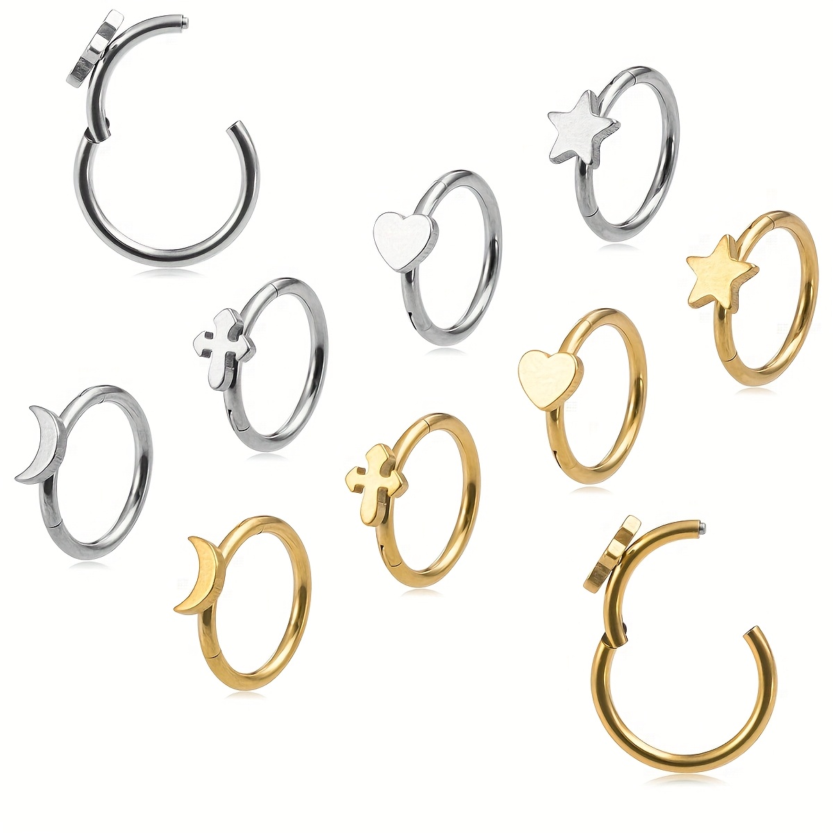 Star Heart Cross Hoop Earrings, Nose Rings Set