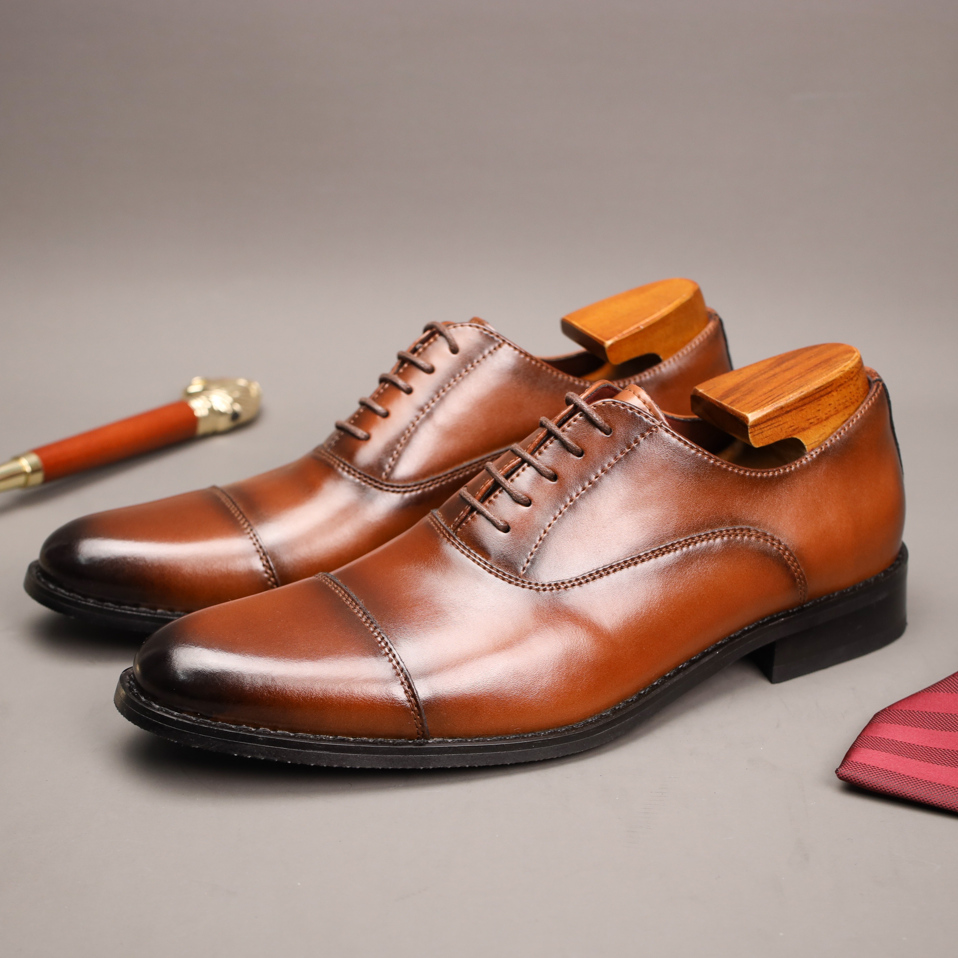 Men's Vintage Split cow Leather Solid Colour Cap Toe Oxford Shoes, Comfy Non Slip Durable Formal Shoes, Men's Business Footwear
