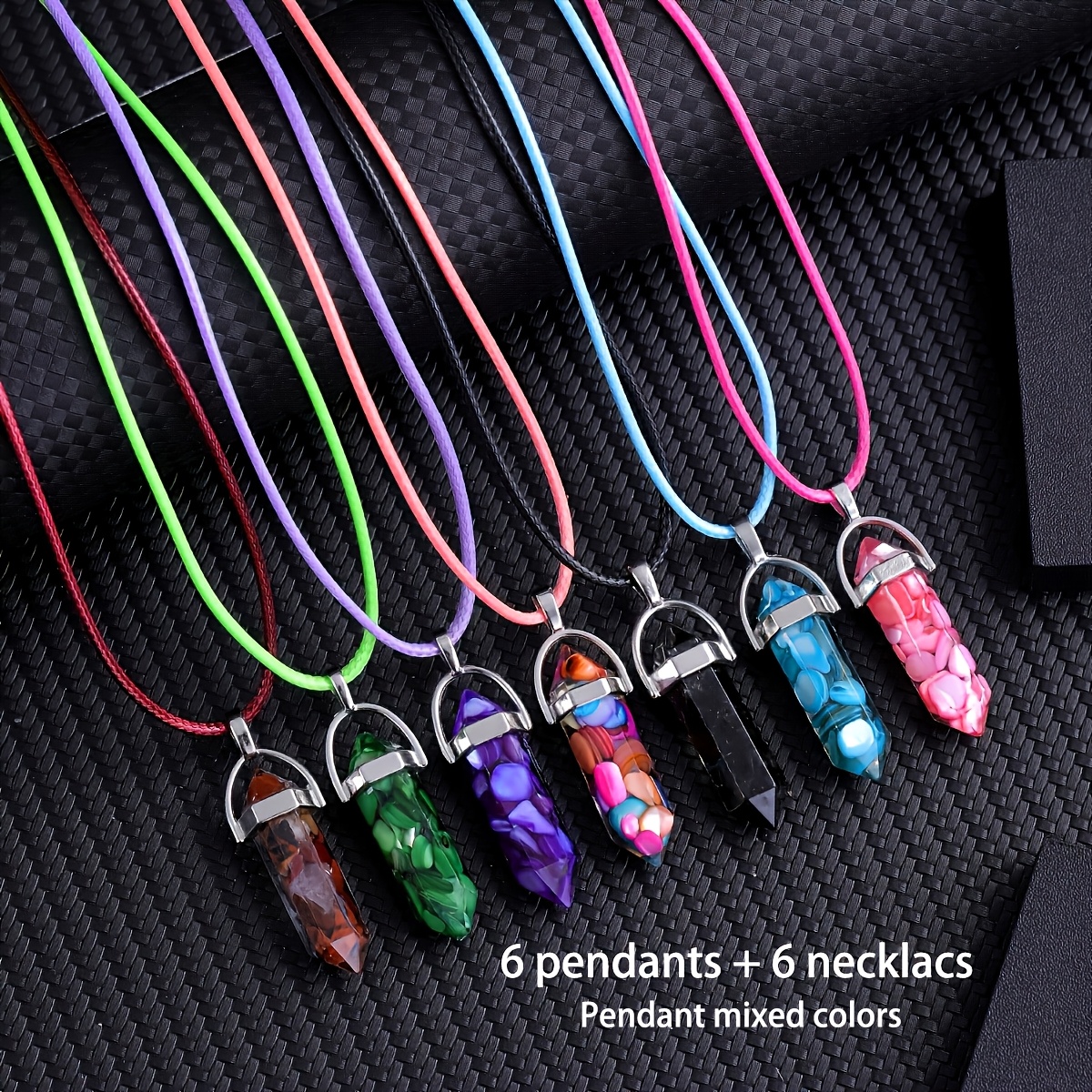 TEMU 6pcs Resin Crushed Stone Hexagon Pendant Necklace Set, Bulk Multicolor Resin Tip Pendants With Colorful Adjustable Necklace Cord, Suitable For