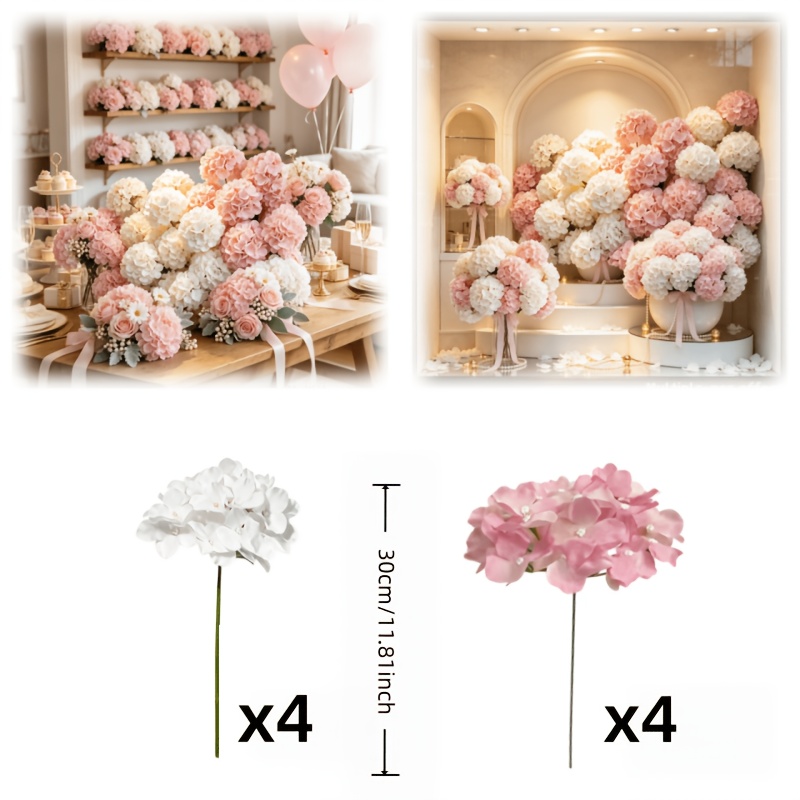 TEMU 8pcs Large Artificial White And Pink Hydrangea Bouquet Set - Pink And White Arrangement For A Warmer Home Decor Faux Flower - Uv-resistant