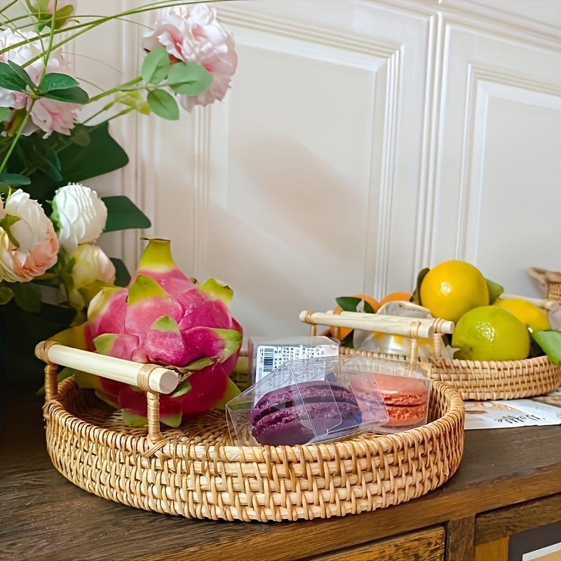 rustic chic   rattan fruit basket   storage container with sturdy handles for kitchen dining room and tabletop japanese inspired bread and   bun serving tray with natural woven design details 4