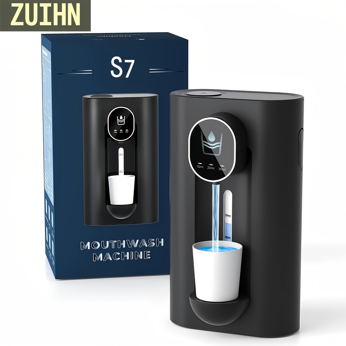 Automatic Sensing Mouthwash Dispenser, Smart Electric Mouthwash Dispenser, Wall-mounted without Drilling, USB Rechargeable, with Display, Personal Care, Oral Cleaning Liquid Automatic Dispenser, Remaining Water Tank Capacity Visible, 3-speed Output Adjustable, Large Capacity, with 2 Mouthwash Cups, Bathroom Supplies