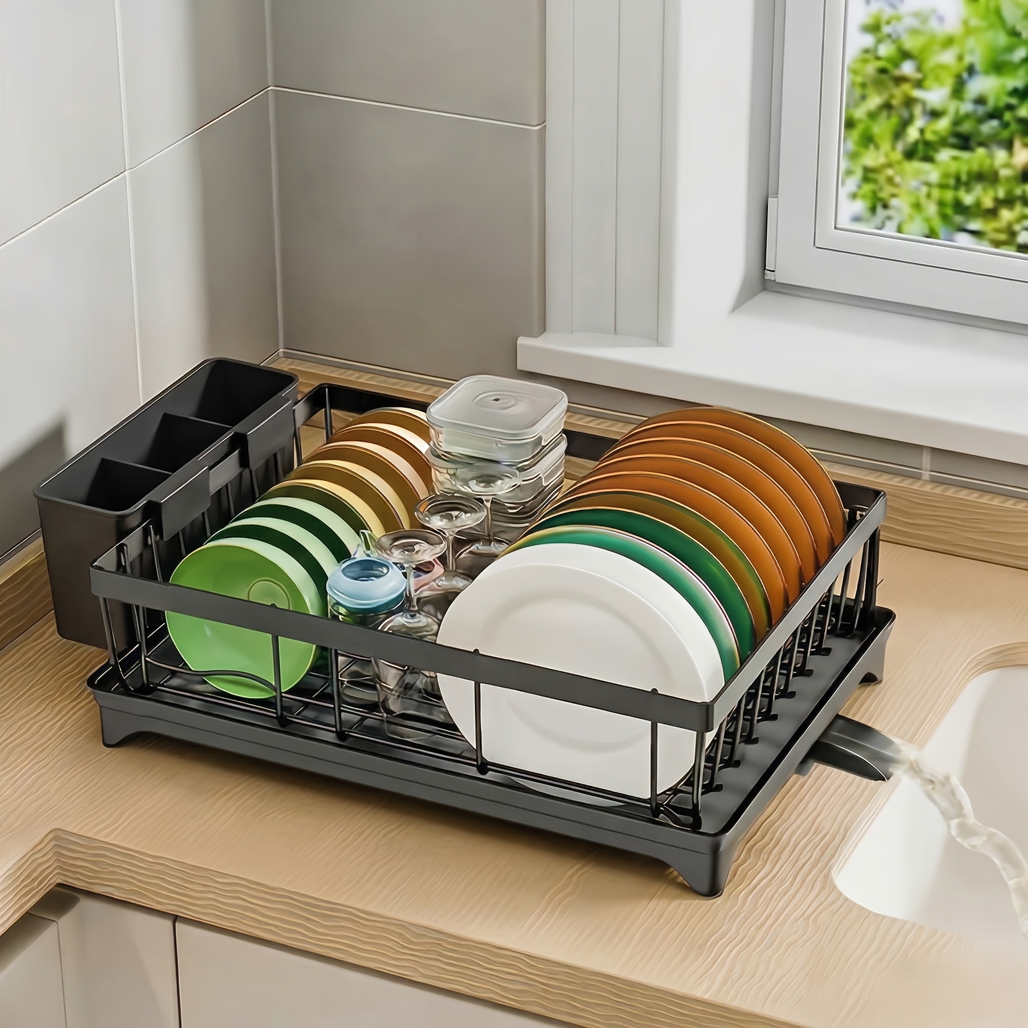 TEMU Matte Black Single-layer Drain Rack, Space-saving And Does Not Space. Countertop/wall Mounting Switching At Will, Compartmentalized Cutlery Rack