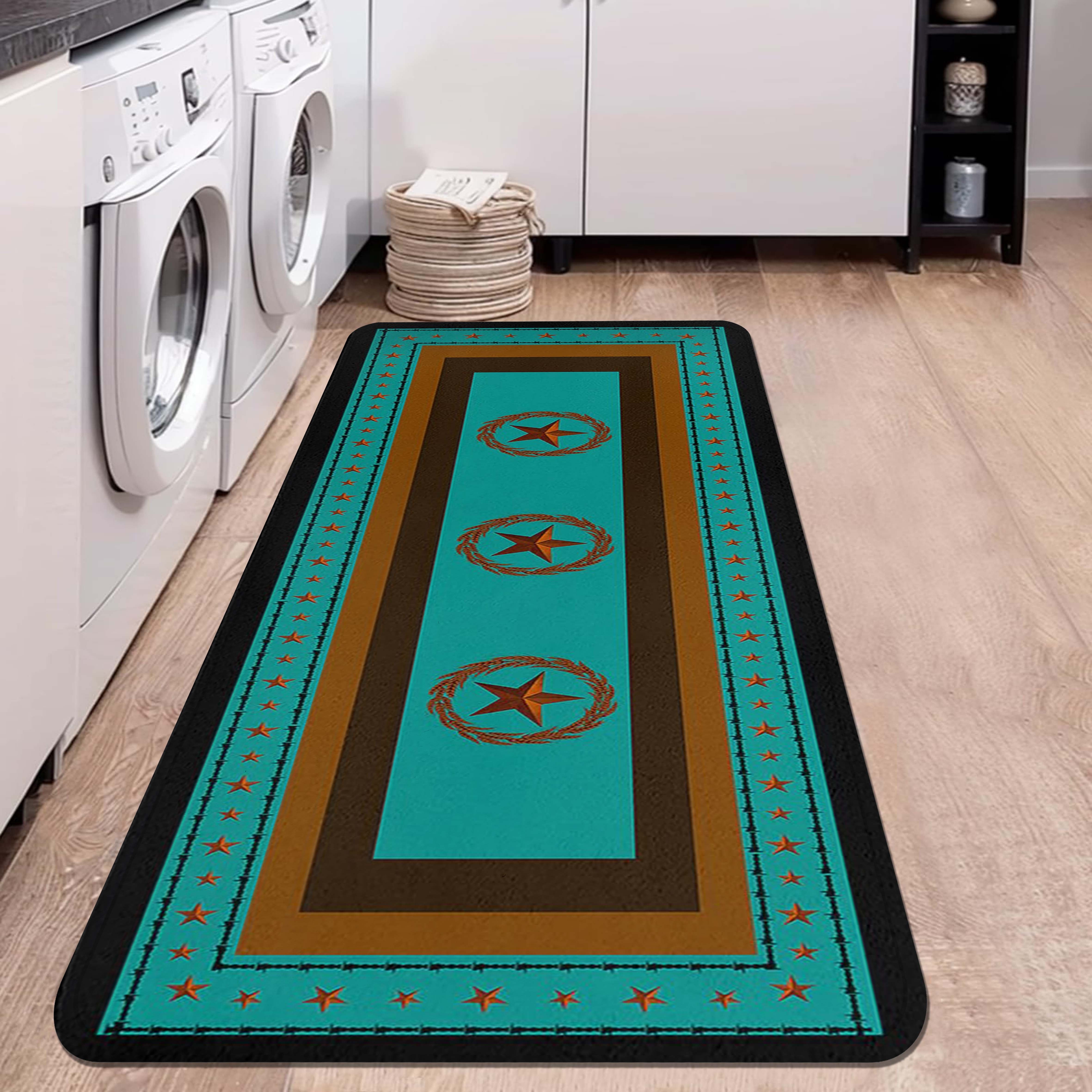 

Star & Turquoise Kitchen Rug - Non-slip, Machine Washable Long Strip Mat For Laundry & Dining Room Decor