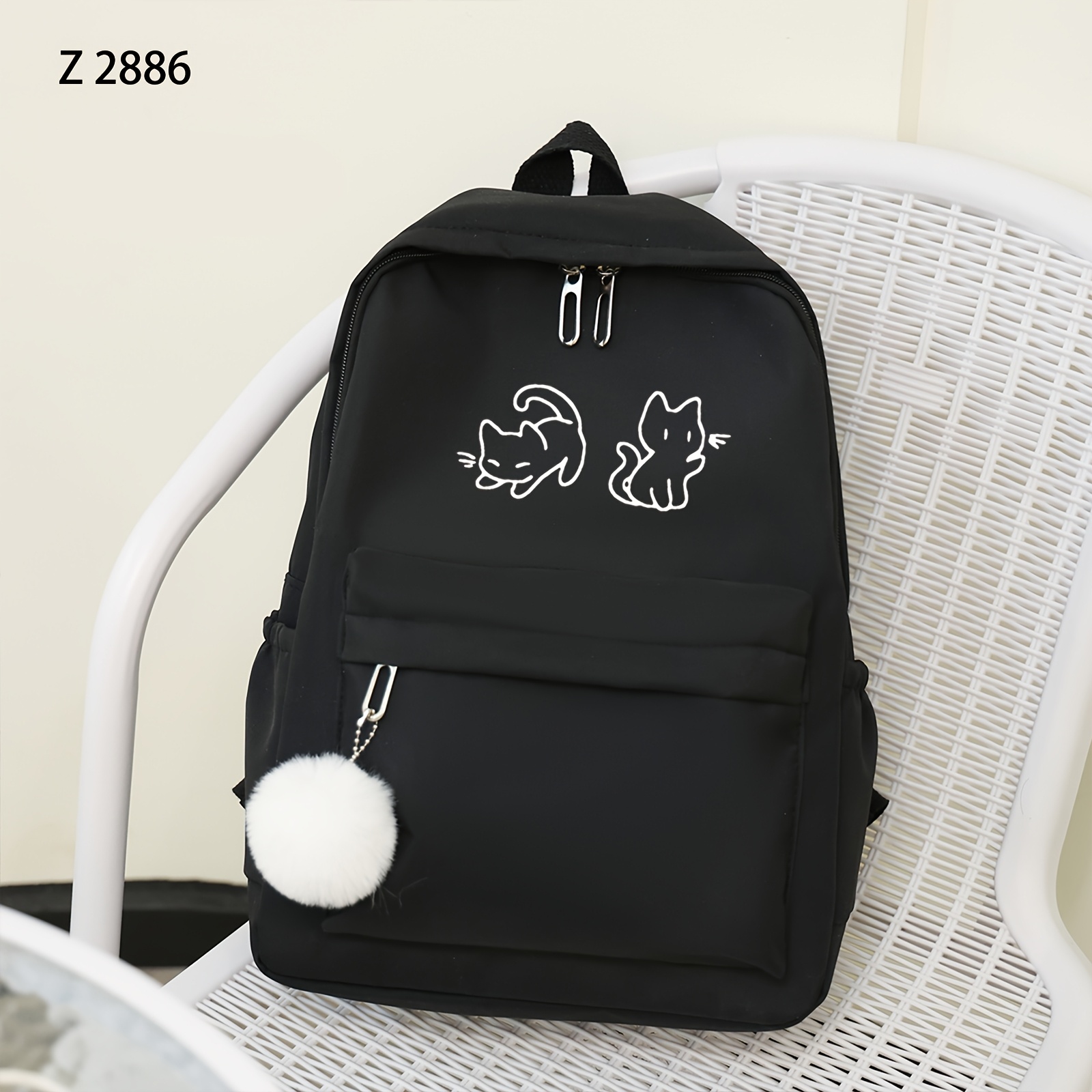 Image of 1pc Black Fashionable Simple Versatile Kitten Pattern Backpack, Large Capacity Travel Backpack, Casual Backpack, Multi-functional School Bag