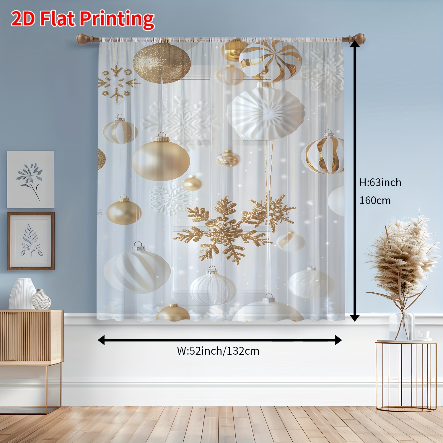 TEMU 1pc Christmas Window Curtain - Semi-sheer Window Drapes With Golden Snowflakes, Semi-transparent Holiday Window Treatments For Living Room,