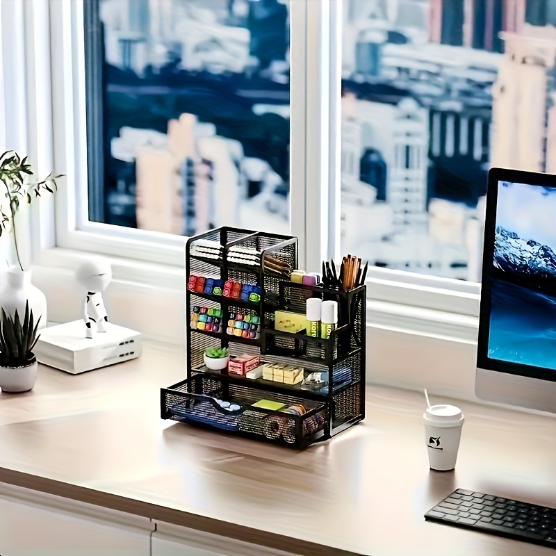 

1pc Black Metal Multi-tier Desk Organizer With Pen Holder, File Storage Rack & Pencil Tray – Lightweight, Hand Washable, Office Or Home Organization