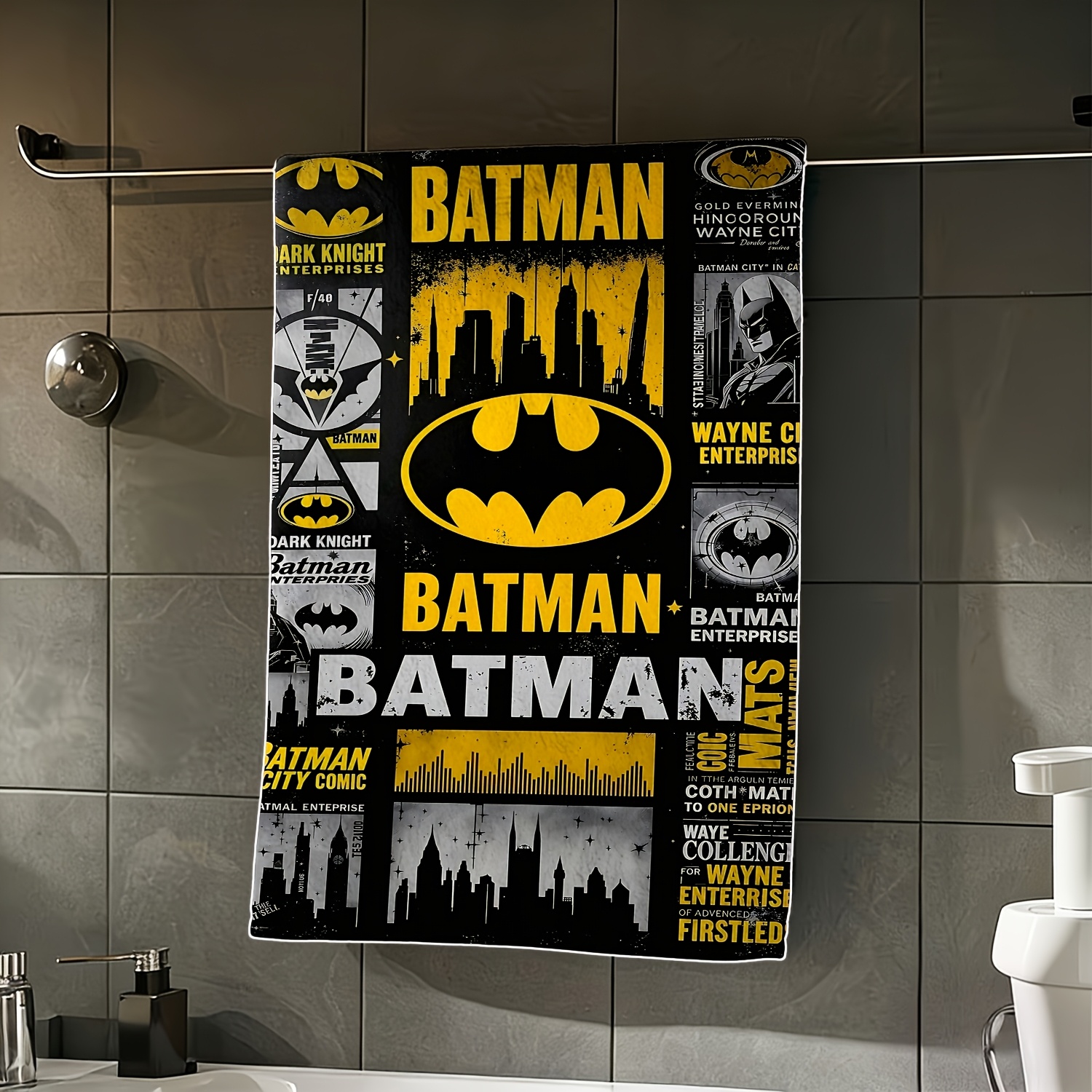 TEMU 1pc Wb Batman Logo Towel With Batman Emblem & City - Suitable For Face/hands, Reusable Machine Washable Cloth, Iconic Batman For Gym, Travel,