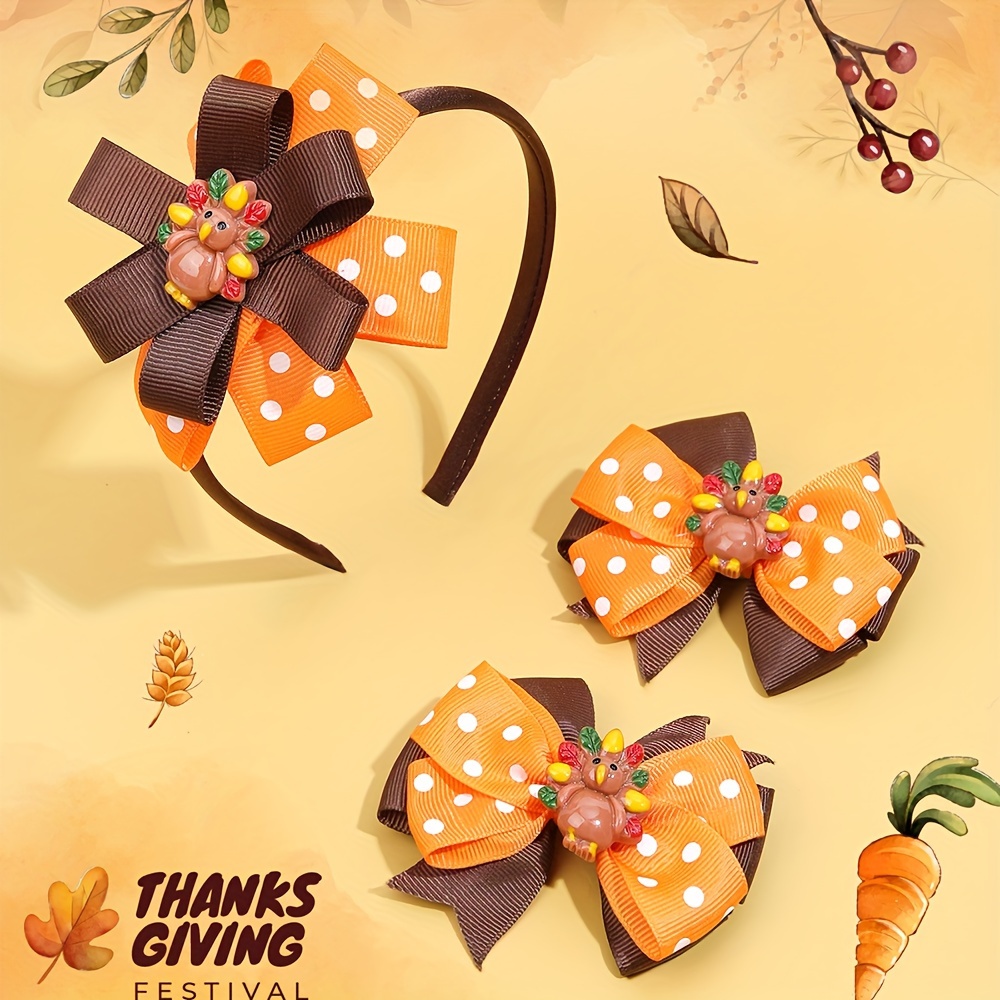 

3pcs Thanksgiving Hair Bow Set For Girls - Cute Turkey & , Perfect Fall Accessory Gift