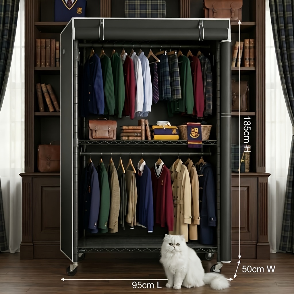 Image of Covered Garment Racks Heavy Duty With Rolling Wheels And Shelves, Spacious Compartments Easy To Assemble 73x36x18 Inches