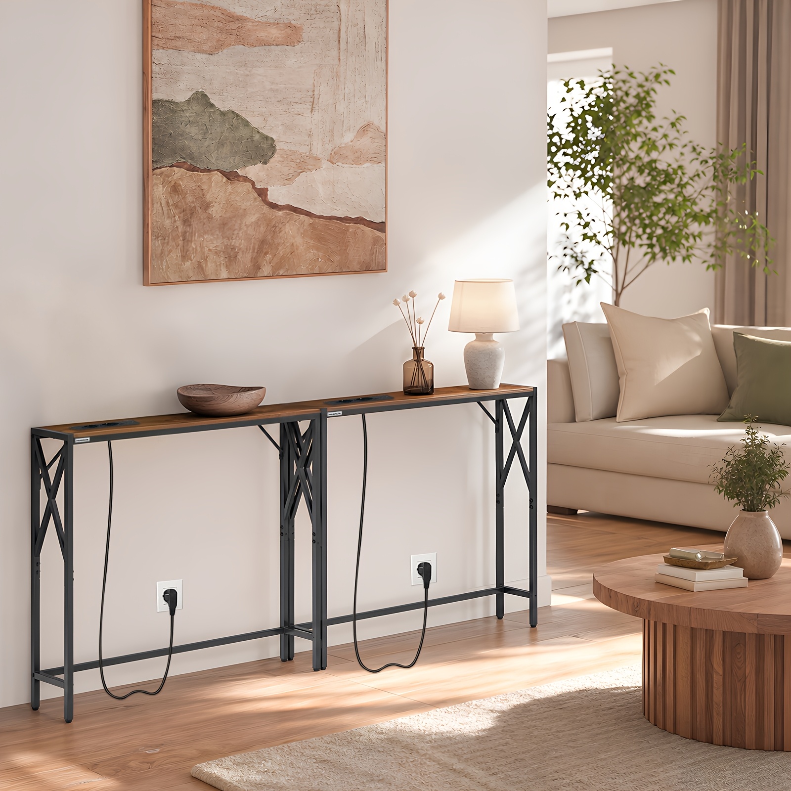 console tafel met oplaadstation, 200cm   banktafel, industriële entree tafel, met usb poorten, display tafel, woonkamer bijzettafel, hal bijzettafel, geschikt voor entree, hal, foyer, woonkamer, vintage  , wit, zwart