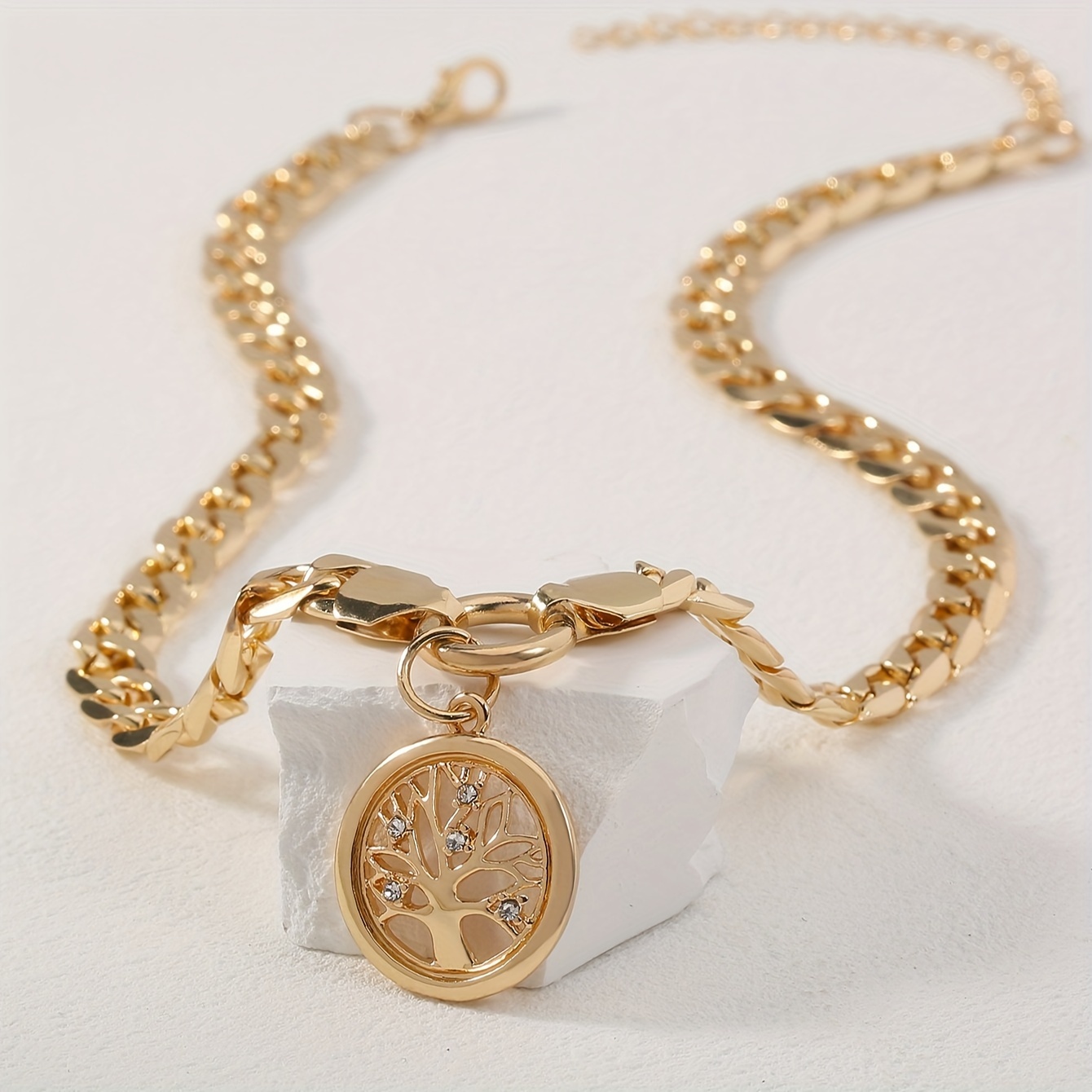 Life Tree Pendant Necklace Cuban Link Chain Chunky Statement Accessories