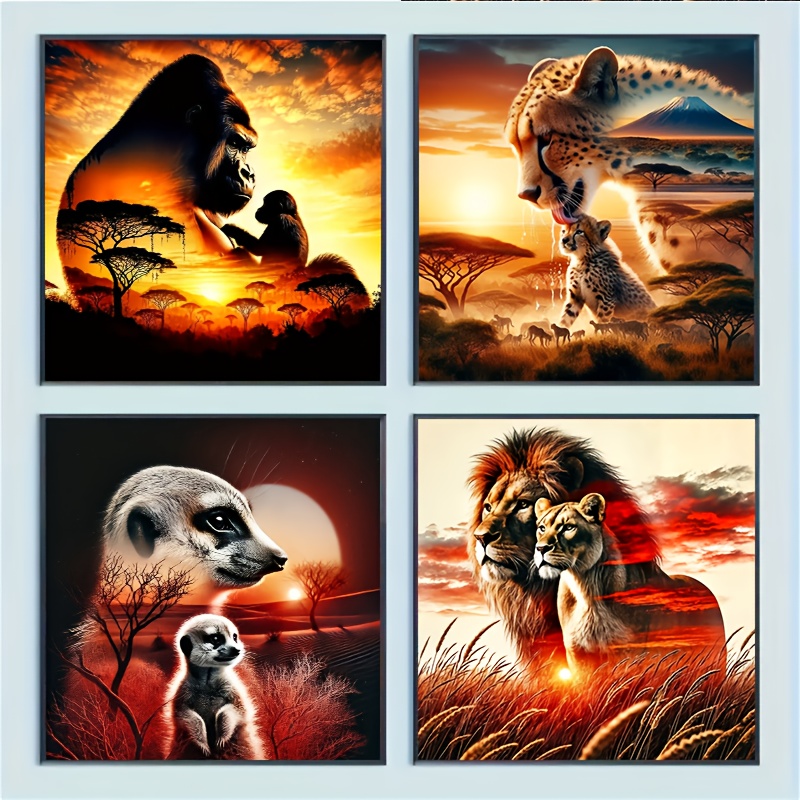 Image of 4pcs Vivid Animal Diamond Painting Set - 20x20cm Diy Full Diamond Round Acrylic Diamond, Design - Craft, Ideal For Hanging And Animal Art