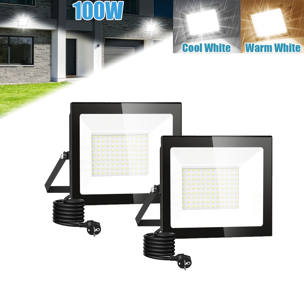 Image of 2pcs 100w Led Flood Light Outdoor Lamp, With Plug Led Security Light, Led Flood Light, Cool White/warm White, Adjustable 180° Bracket, For Garden, Garage, Yard, Backyard, Workshop
