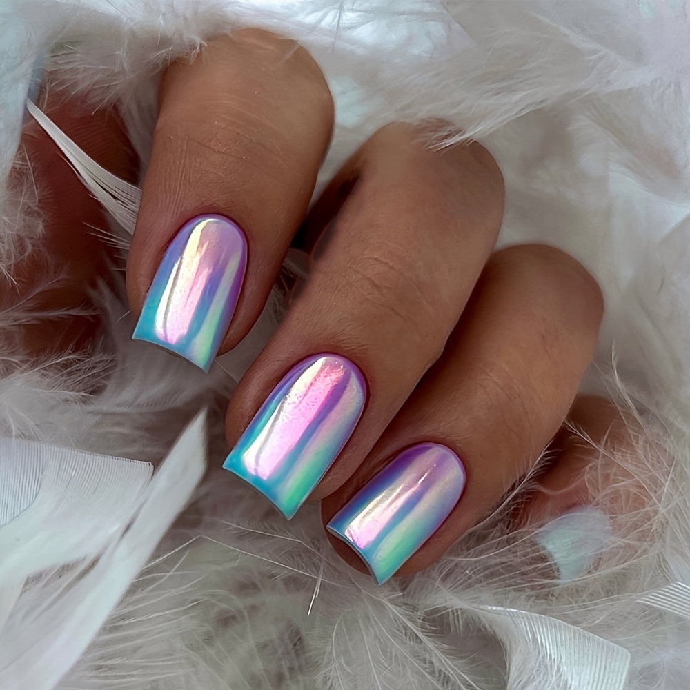 TEMU Upgrade Your Style 24pcs Wearable Nail Stickers Electroplated Powder Blue Gradient Easy Design False Nails Extension Removable Nail Additions