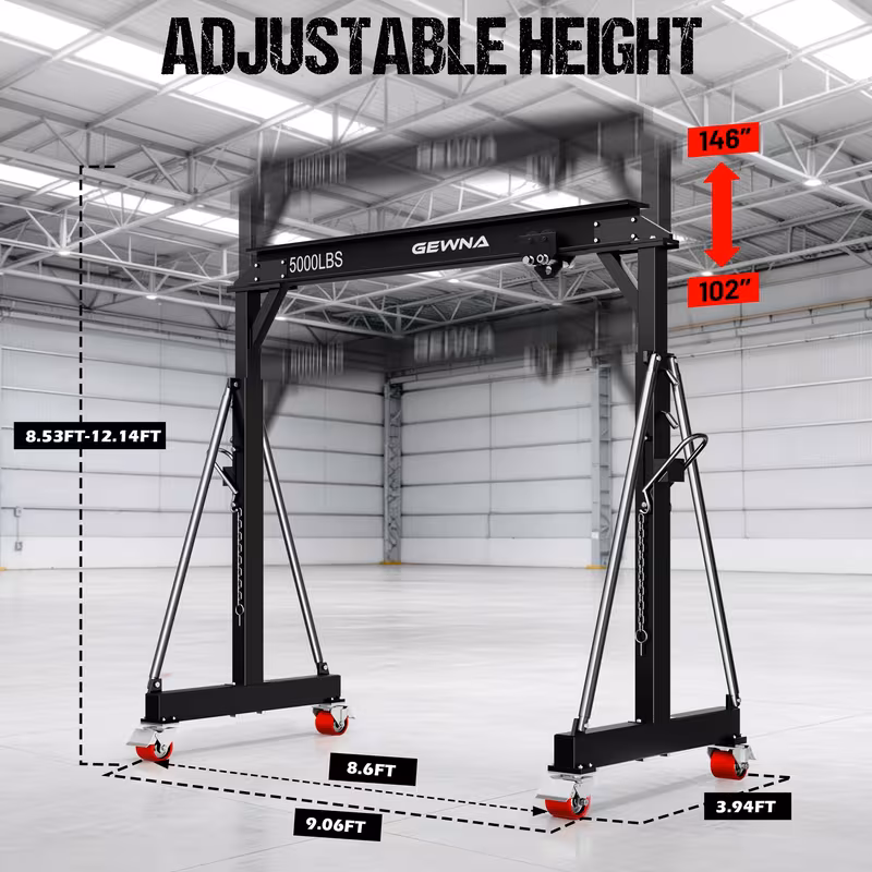 crane 5000lbs steel construction adjustable height 8 53 12 47ft with 360 locking wheels portable shop hoist for auto repair Product details 0