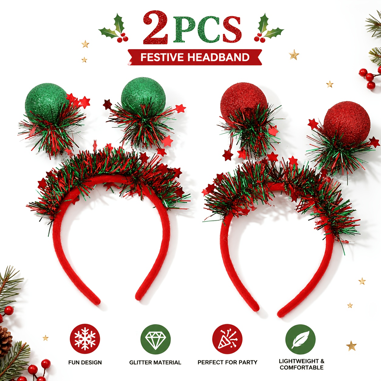 TEMU 2pcs/set Christmas Ball Headband Set, Glitter Ornament Headbands, Christmas Hair Accessories, Holiday Headband, Xmas Party Headwear, Christmas