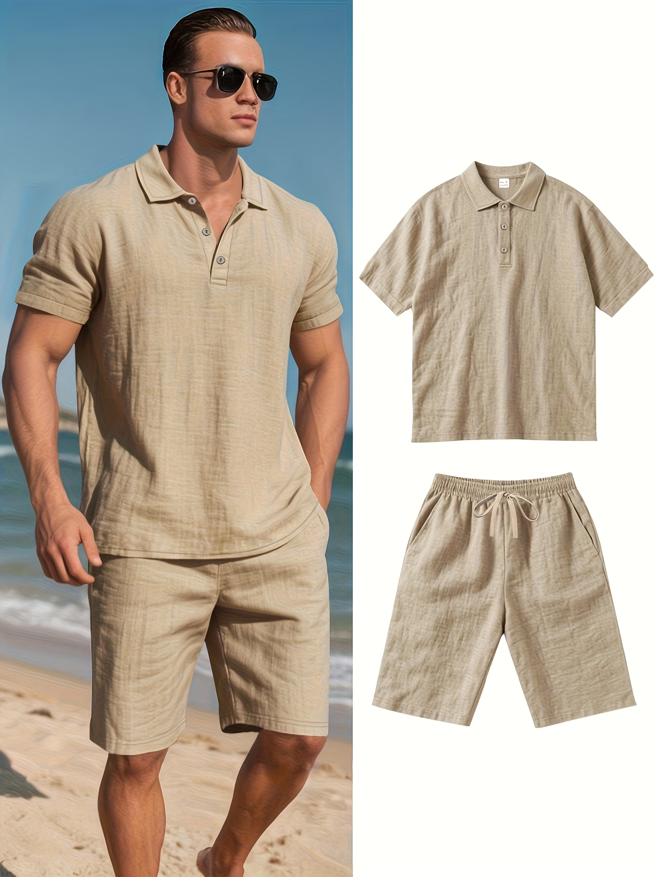 Ensemble Polo & Short en Lin Homme Ensemble de pantalons en lin pour homme, coupe ajustée, à séchage rapide et évacuant l