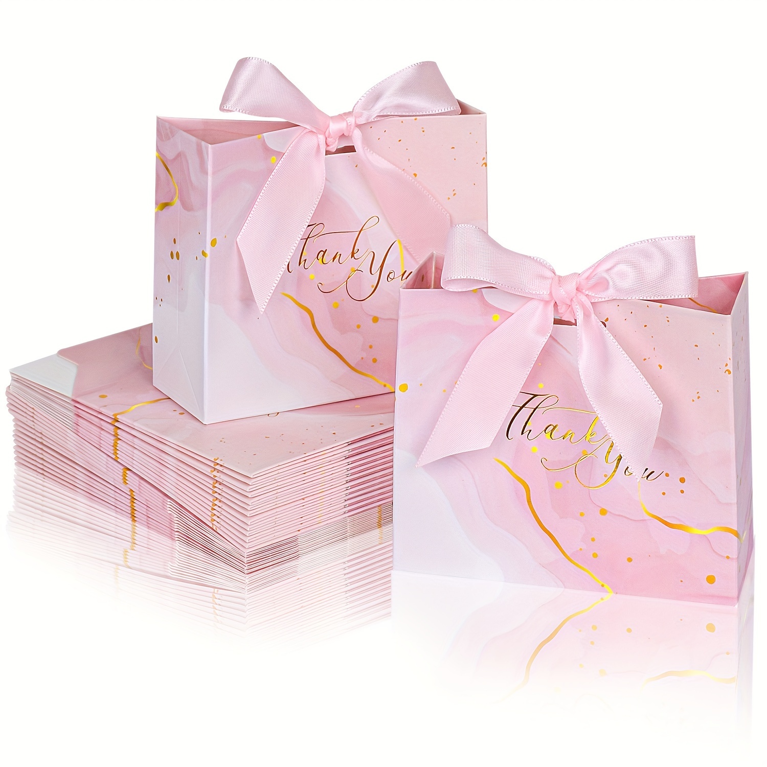 

50pcs, Pink Small Thank You Gift Bags, Marble Pattern Party Favor Pink Bags With Pink Bow Ribbon, Paper Bags For Birthday Wedding Bridesmaid Holiday Valentines Day