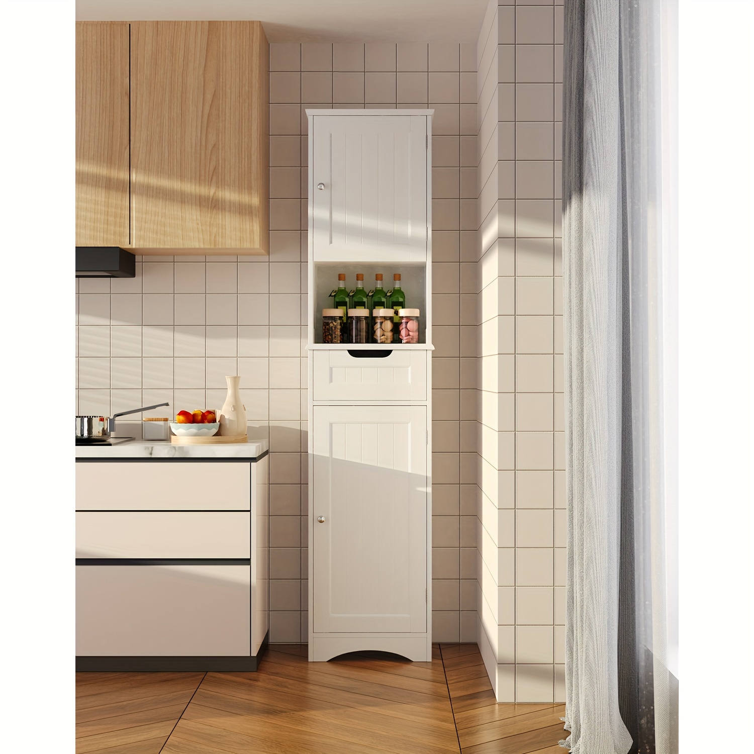 67" High Versatile Storage Cabinet - Narrow Freestanding Linen Tower with Adjustable Shelves (White)