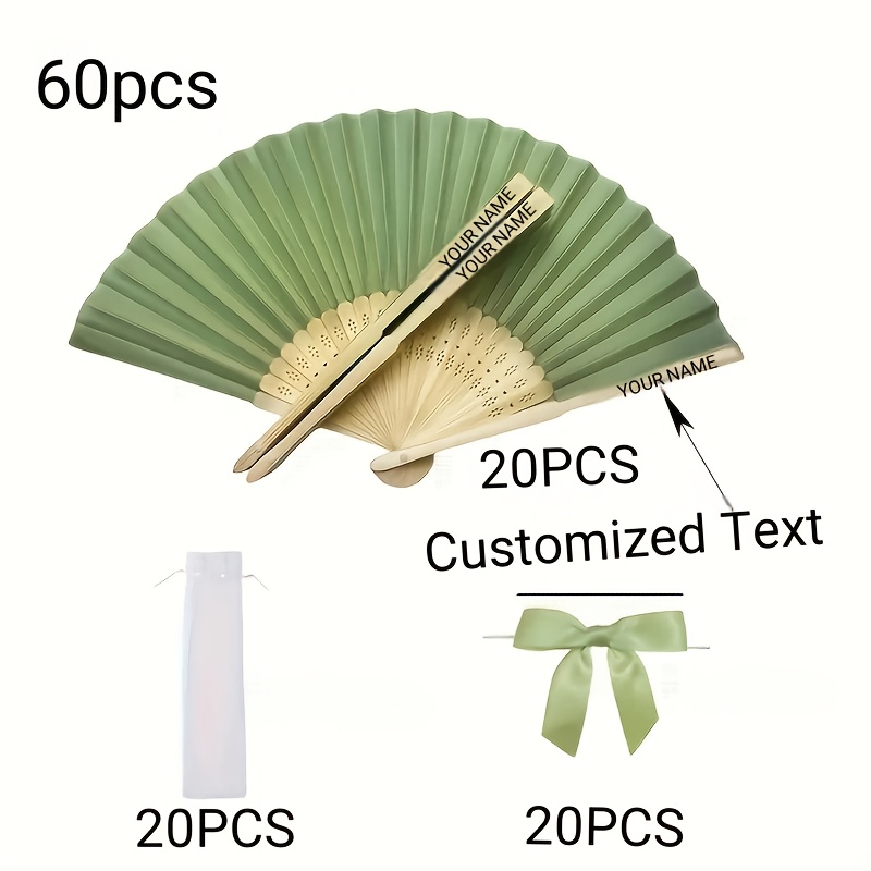 TEMU 30pcs/60pcs/90pcs Custom Wooden Wedding Fans - Engraved Names & Dates, Elegant Green Fabric Folding Fans For Weddings, Baptisms, Christmas,