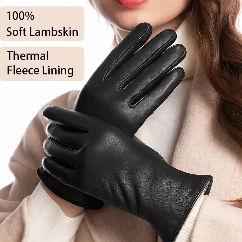 TEMU Women's Full-finger Gloves: Lambskin + Fleece Lining, Cold-proof And Screen In Autumn And Winter, High-quality Outdoor, For Christmas And