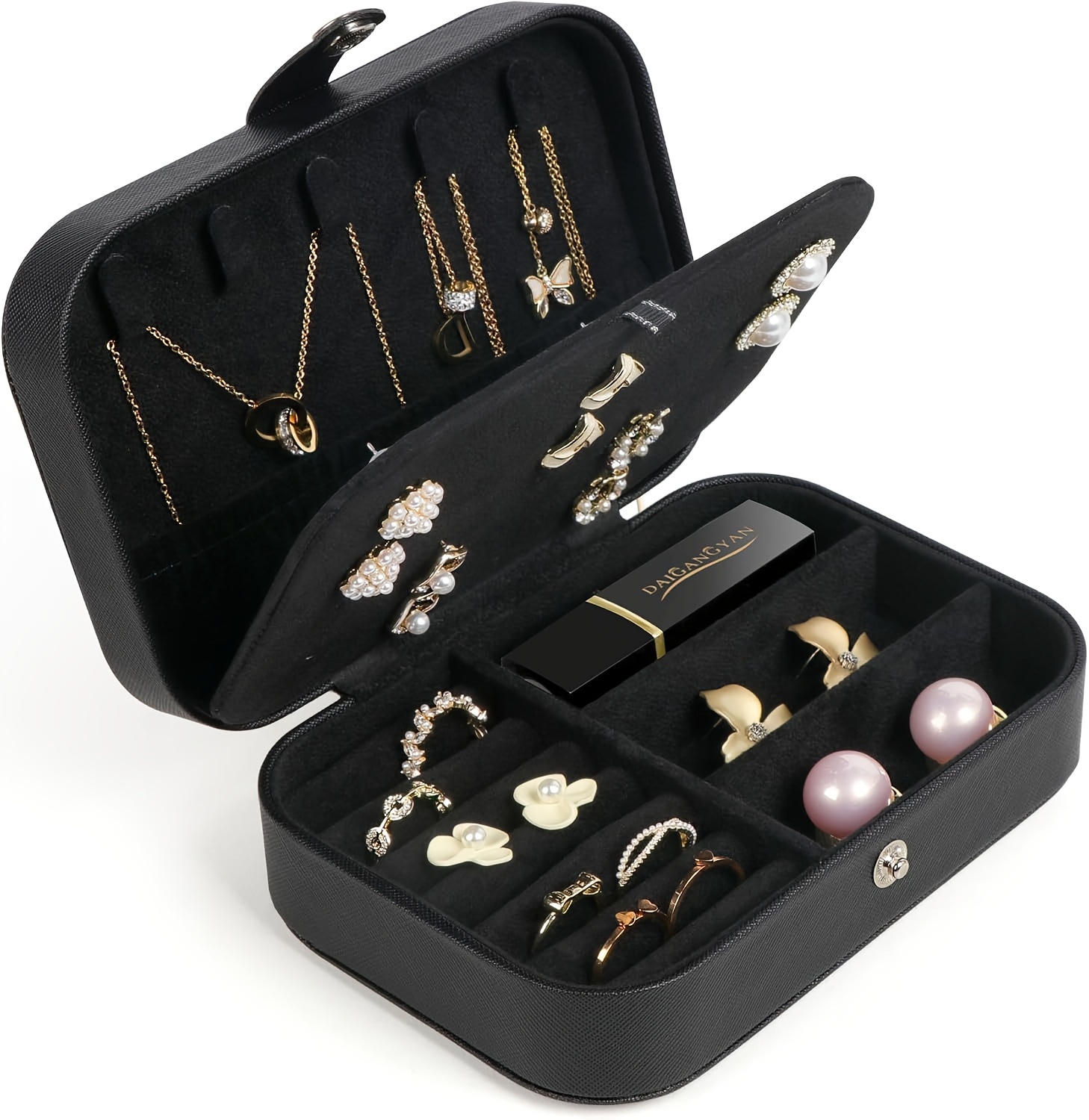 1pieza Estuche de viaje de cuero PU, compacto y portátil para mujeres y niñas, ideal para pendientes de botón, anillos, collares, pulseras - Estuche mini estiloso para almacenamiento de joyas