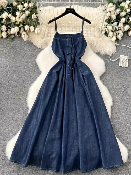 여성용 빈티지 감성 데님 미디 드레스, 단색, 소매 없는, 디테일, 정규 핏, 스트레치되지 않는 소재, 295g/m², 올 시즌 다용도 슬링백 플레어 헴 - 75%, 폴리에스터 25%