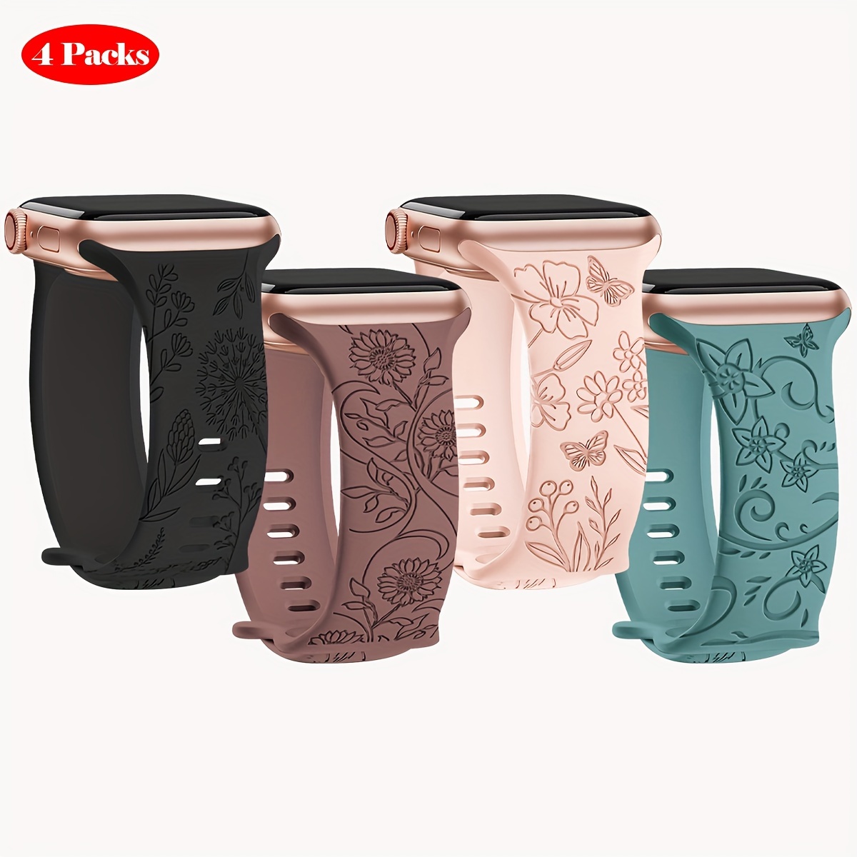 

4pcs Floral Pattern Silicone Sports Watch Bands For Iwatch, Waterproof And Soft, Breathable With Exclusive Carving, Sizes For 5.1"-7.1" And 5.9"-7.9" Wrists