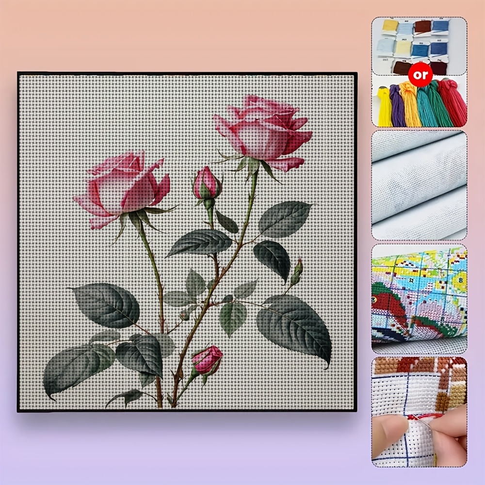 Frameless Stitch Print Set, Pink Rose Blooming