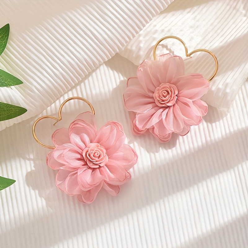 Pink Floral Heart Frame Earrings for Women