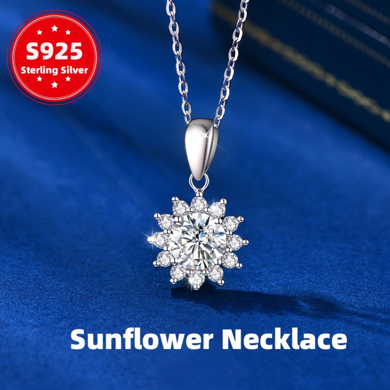 

925 Sterling Silver Moissanite Sunflower Pendant Necklace With Gift Box, Feminine Hypoallergenic Elegance - Delicate Clavicle Chain, Perfect Jewelry Gift To Women And Girls On Any Occasion