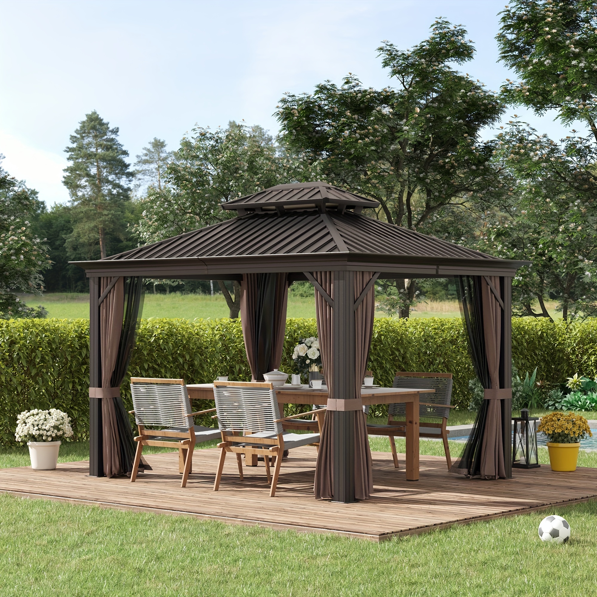 

Outsunny 10' X 12' Gazebo With Curtains And Netting, Permanent Pavilion Metal Double Roof Gazebo Canopy With Aluminum Frame And Hooks, For Garden, Patio, Backyard, Dark Brown