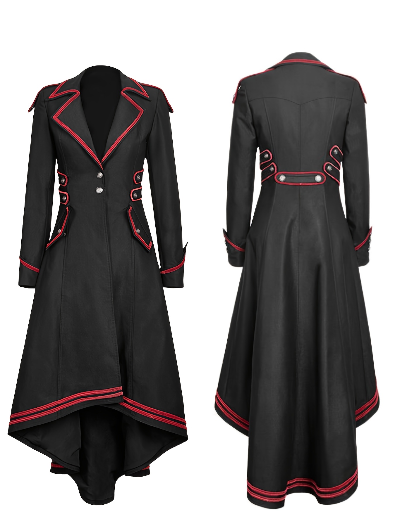 Black Steampunk Retro Women's Tailcoat with Red Trim - Button-Up Gothic Coat with Flared Sleeves, High-Low Hemline & Belted Waist - Perfect for Halloween, Cosplay & Casual Wear, Structured Fabric Design, Goth Accessories