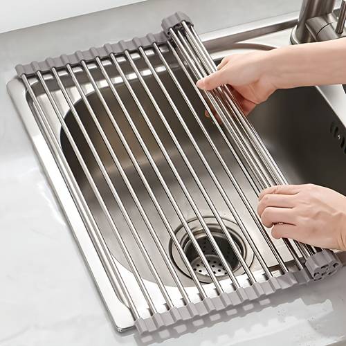 stainless steel foldable kitchen sink dish drainer multiple sizes space saving dish rack dish drainer with roll up curtain stainless steel dish drainer for washing fruits and dishes bearing durable sponge and dishcloth