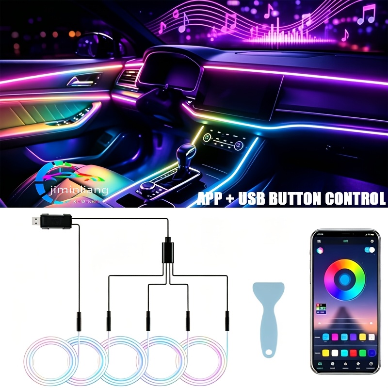 Image of Rgb 5in 1 Ambient Lighting Kit 276 Inch Fiber Optic 8 Neon Light, Interior Neon Led Strip Light, Car Interior Lighting Accessories