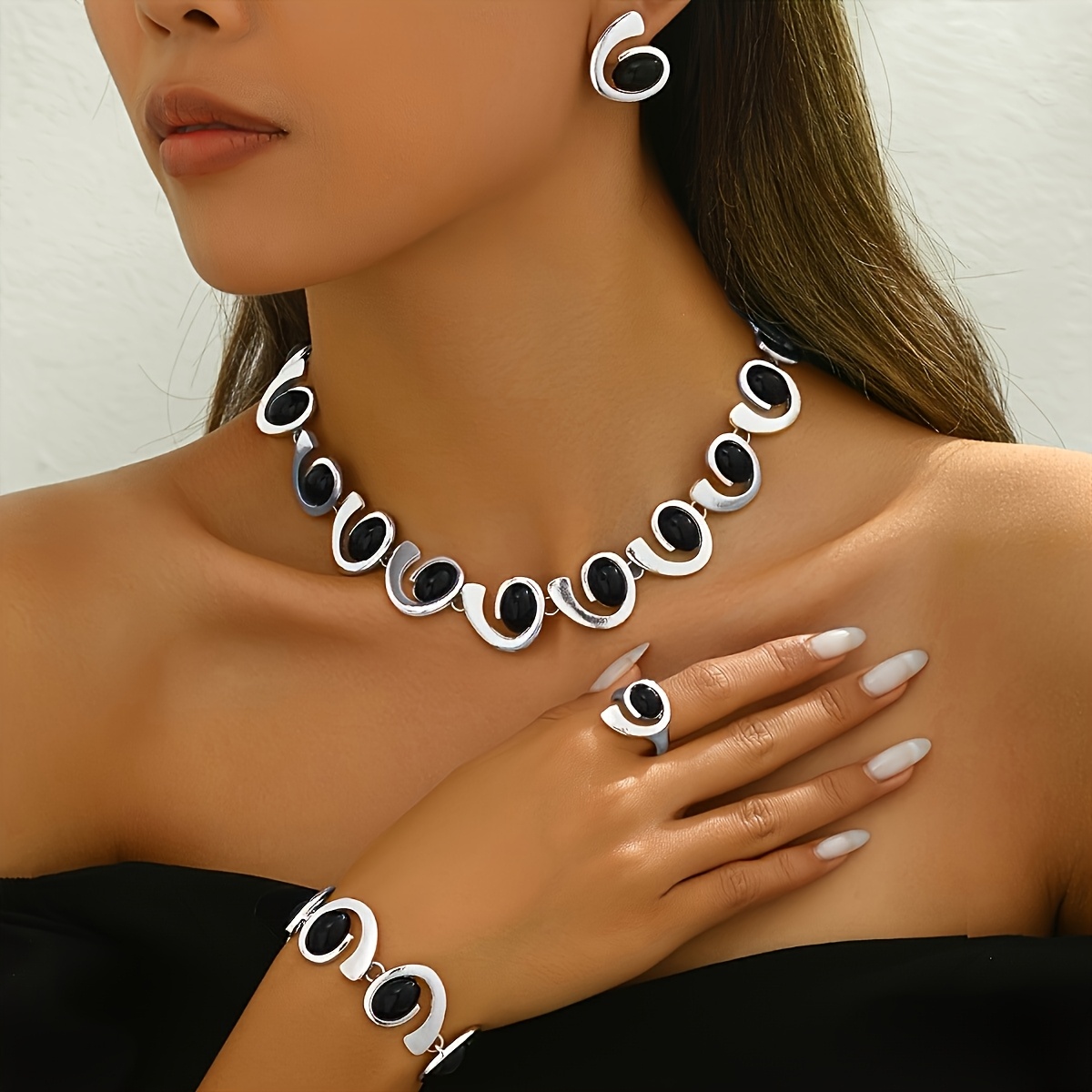 TEMU 4pcs/ Set Silvery Women Fashion Simple Necklace Earrings Bracelet Ring Set Geometric Oval Black Acrylic Inlay Spiral Splicing Beaded Pendant