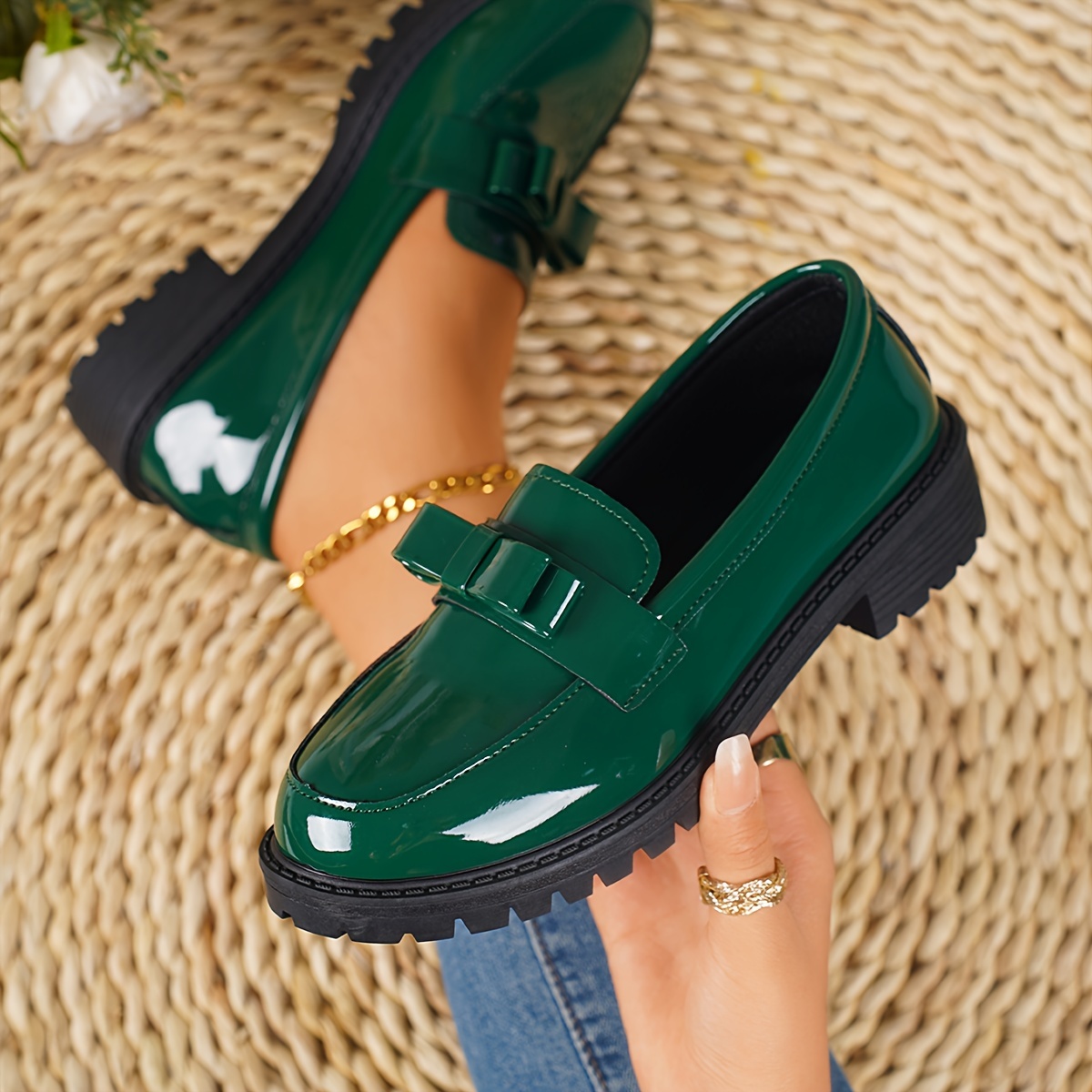 Women's Black Cover Loafers with Bow Detail - Comfortable Thick Sole, Round Toe Slip-On Shoes, Versatile for All Seasons