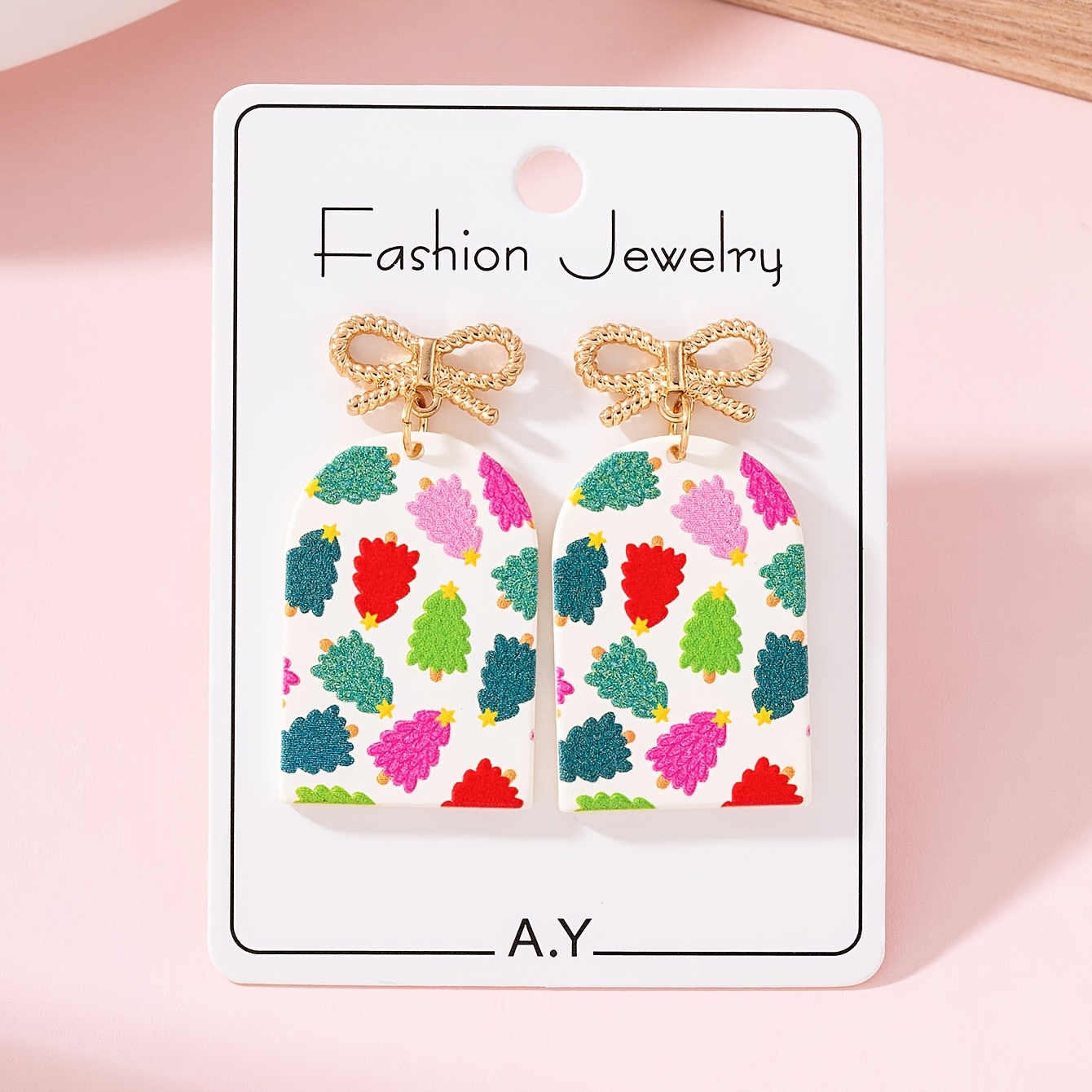 TEMU 1 Pair Christmas Colorful Christmas Tree U-shaped Printed Design Women's Fashion Dangle Earrings, Holiday Party Gift