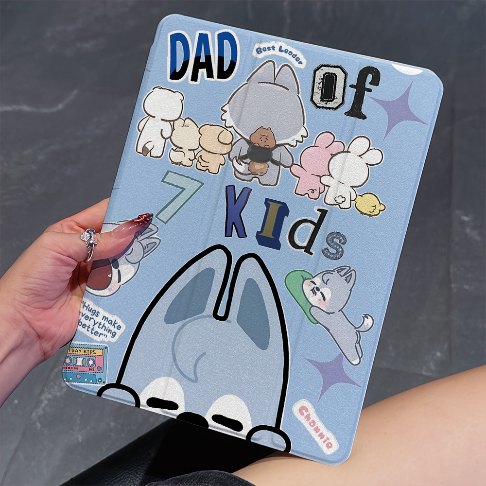 Kpop S-Stray K-Kids Skzoos Cute K-Pop Themed iPad 10.2 inch Case with Rotatable Stand & Auto Wake/Sleep, Heavy Duty Hard Cover, Compatible with iPad 9th/10th Gen,  6, Pro/Air 4/5/6, 11 inch, 13 inch - Pastel  &  Design with Korean Characters & K-Pop Stickers for Girls & Boys