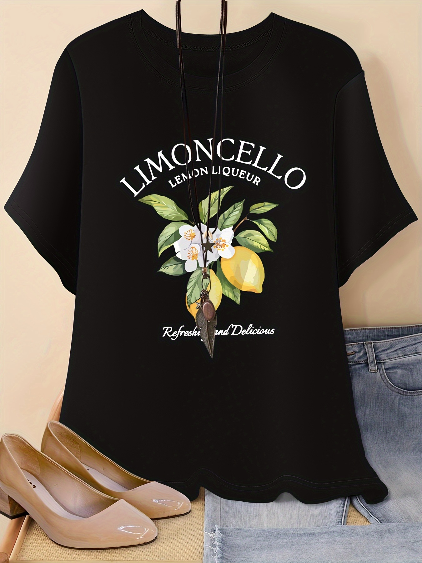 Lemon Print T-shirt, Short Sleeve Crew Neck Casual Top For Summer & Spring, Women's Clothing