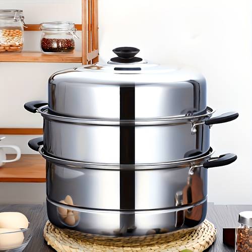 professional 3 tier stainless steel steamer pot multi layer stackable cooker for dumplings veggies seafood commercial grade steam cooking system works on gas induction non stick surface tempered glass lid dishwasher safe