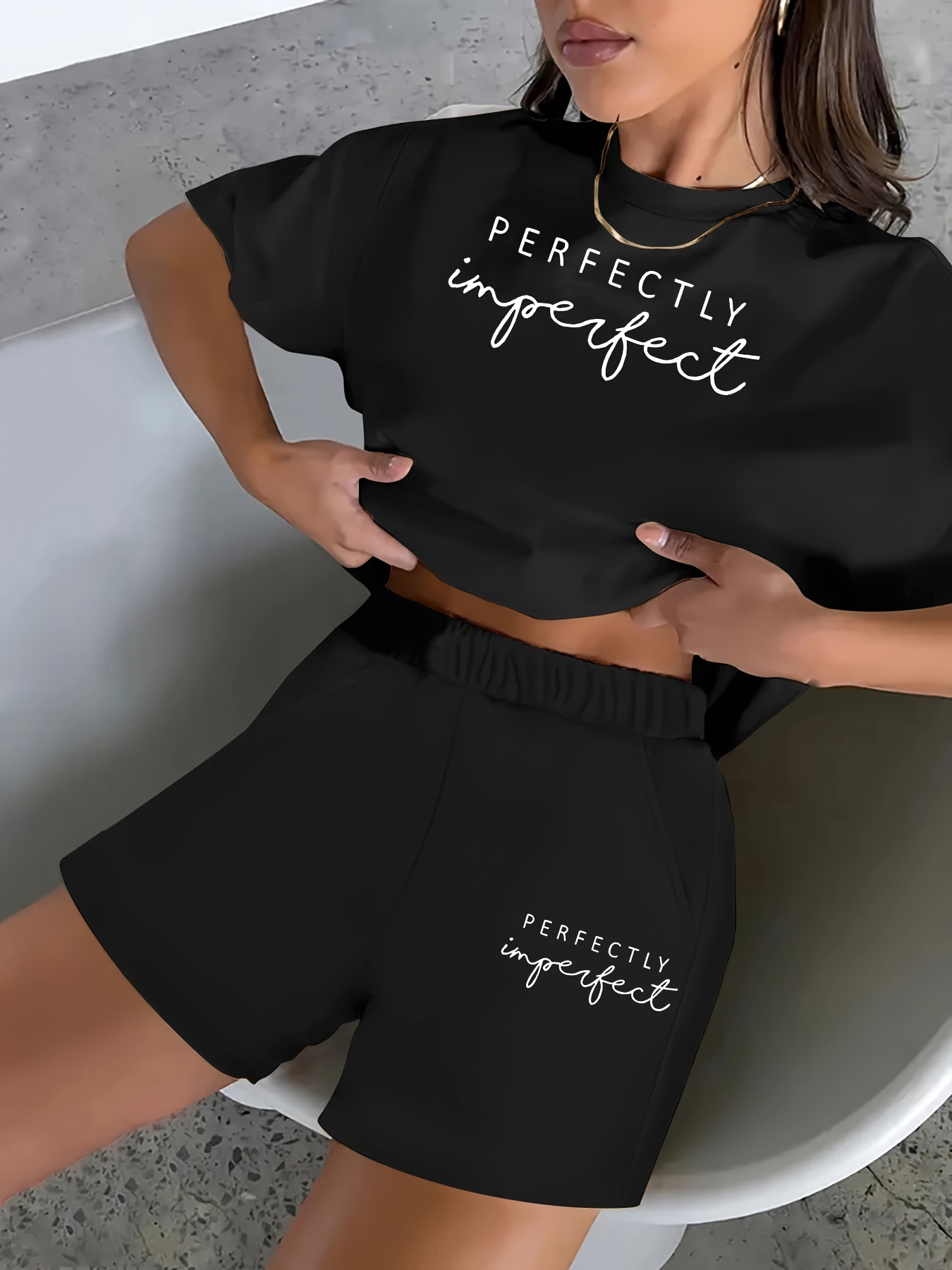 2  summer new womens set   text pattern casual printed round neck short sleeve top t shirt and elastic waist pocket shorts womens 2pcs set