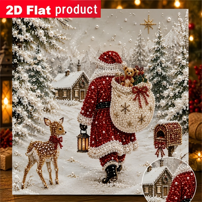 TEMU New Diy Diamond Painting Kit: Santa Claus And Reindeer Carrying A Gift Bag And Lantern On A . Suitable For Beginners, Ideal For Home Or Office