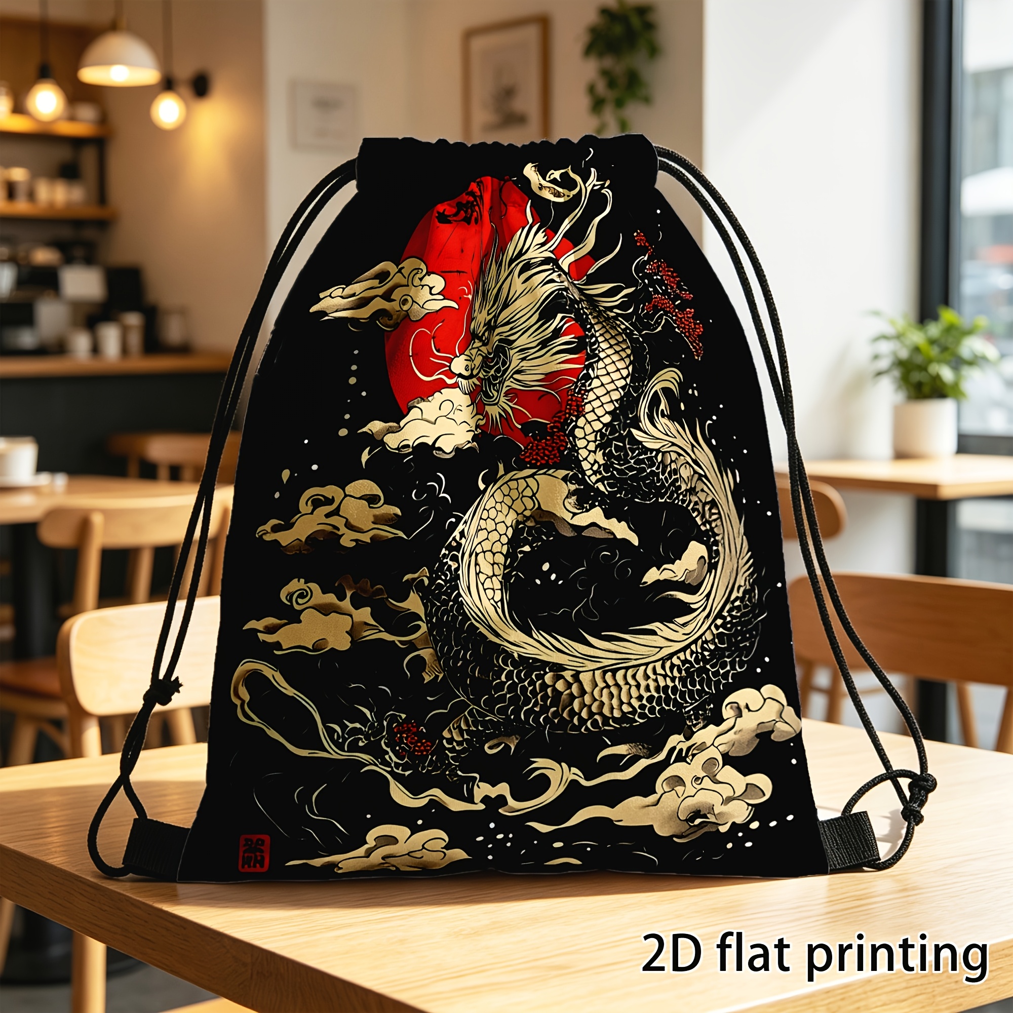TEMU 1pc 2d Flat, Drawstring Gym Bag, Pouches, Practical Pockets With Adjustable Drawstring Closure, Japanese Dragon Pattern Shoulder Bag -