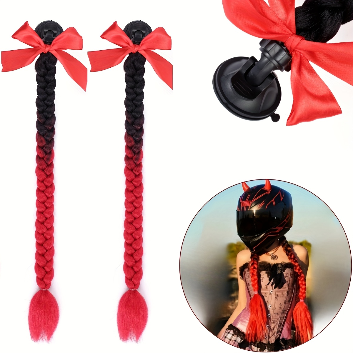 E-shop Set mit 2 Gradient Ramp Saugnapf Helm Flechten, Pferdeschwanz Haar mit Schleife für Motorradnutzung, Erhältlich in verschiedenen Farben (Helm
